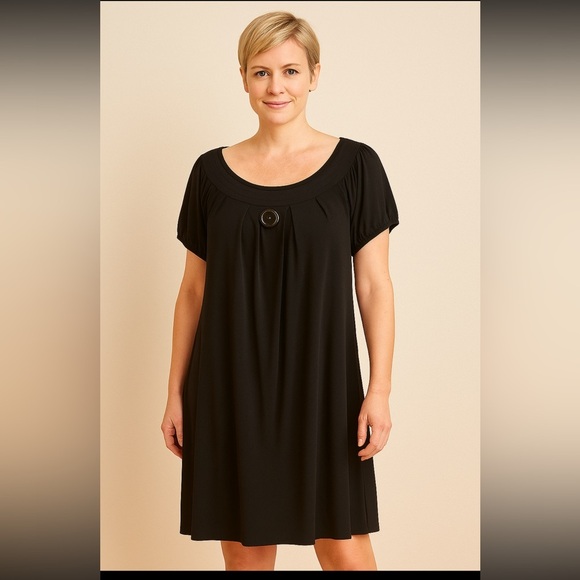 Tiana B Short Sleeve Flowy Midi Dress Size XL Black Round Neck Button Detail - Picture 1 of 11